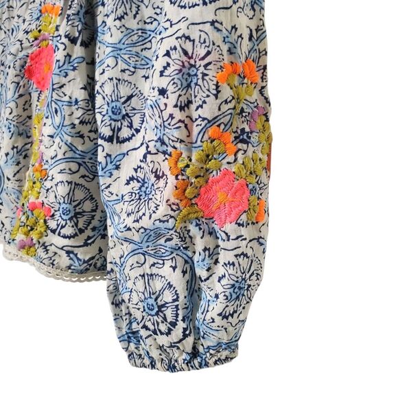 Love The Label Floral Boho Top XS Embroidered Ruffle Smocked Balloon Sleeve - Picture 4 of 10